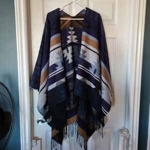 Fringe 3XL long Boho Wrap Coat Poncho Shawl style for Fall or Winter